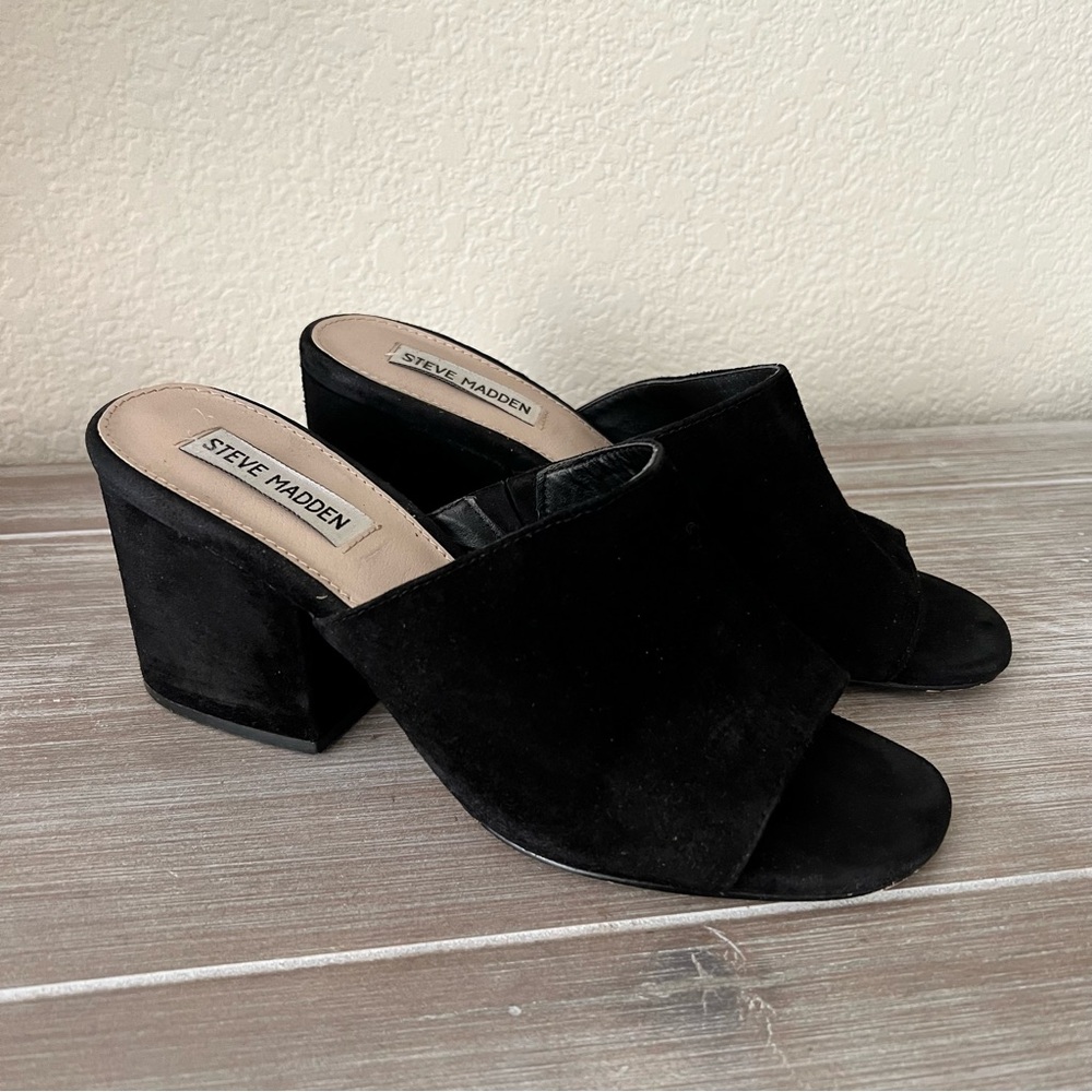 Steve Madden Dalis Black Suede Mules Block Heel Sandals